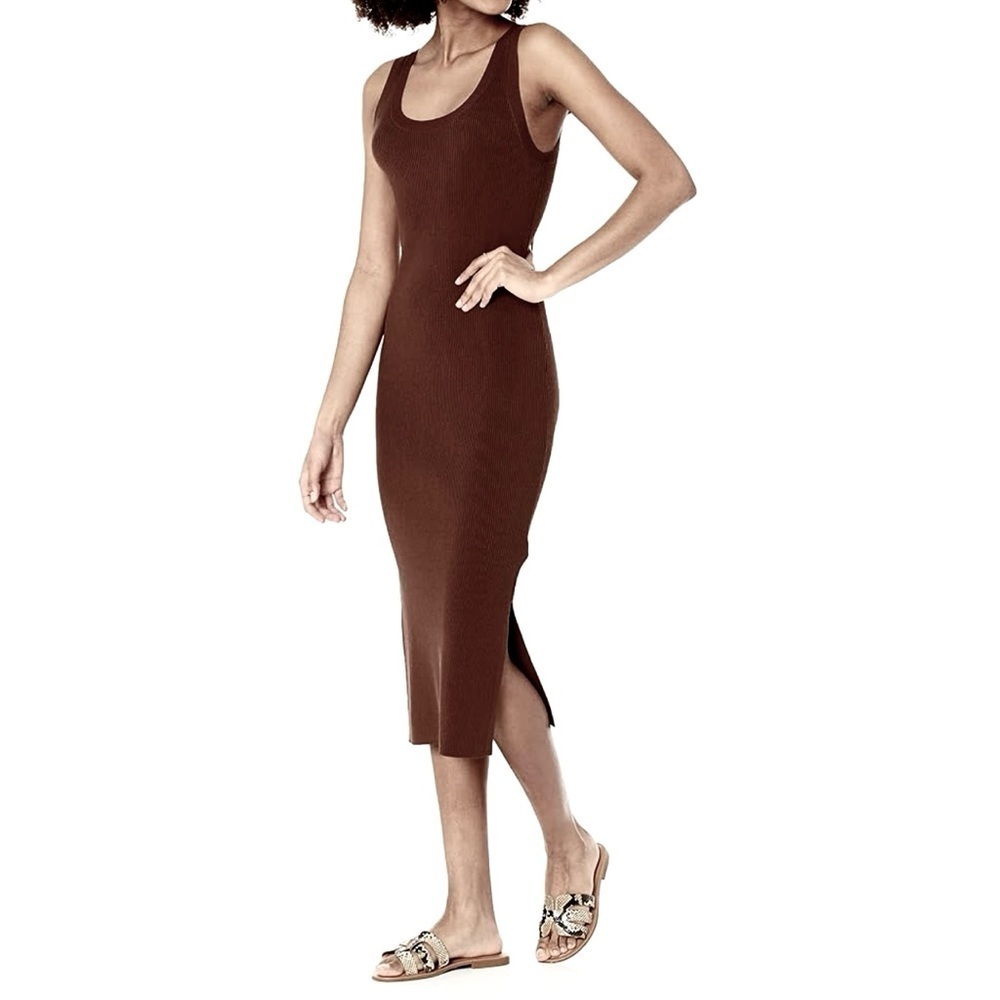 NWT The Drop Yasmine Side Slit Ribbed Scoop Neck Solid Brown Midi Dress Pullover